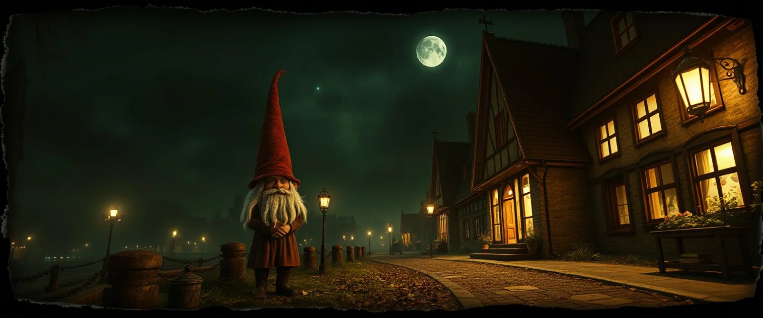 style John Atkinson Grimshaw,3d airbrush render, dark gnome , pinhole cam, airbrush 3d rendering, in the style of Titian and Dali , torn edges on border