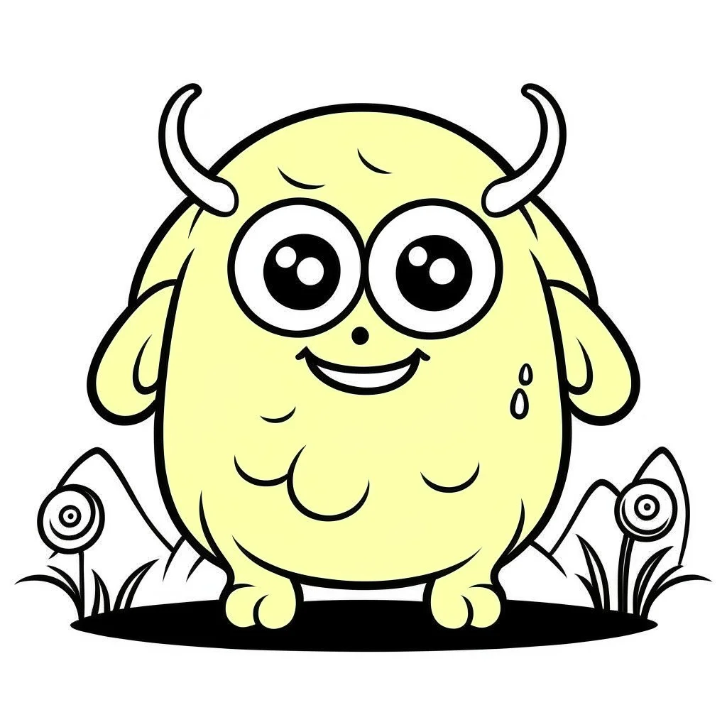 Make black and white cute drawing of a Cyclops with black bold lines. Only outline, no grayscale. A kind and gentle cyclops holding a flower in one hand, Place him in a green valley surrounded by sheep, emphasizing his softer side.
