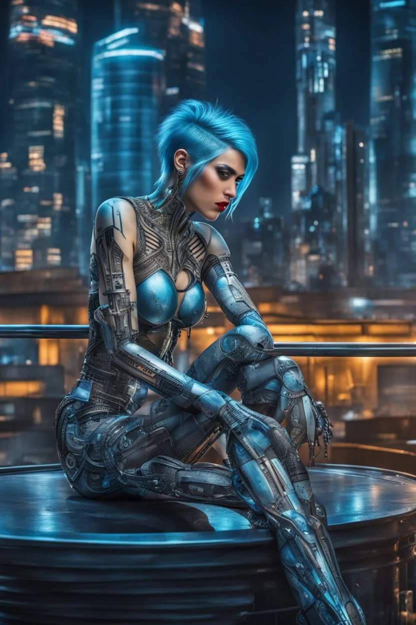 A beautyful biomechanical woman with tranparent glass body and blue hair, sitting in the cyberpunk rooftop bar in futuristic city, intricate details, HDR, beautifully shot, hyperrealistic, sharp focus, 64 megapixels, perfect composition, high contrast, cinematic