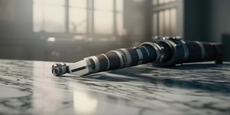 A lightsaber hilt laying on a naturally lit white marble table, 8k, HD, cinematography, photorealistic, Cinematic, Color Grading, Ultra-Wide Angle, Depth of Field, hyper-detailed, beautifully color-coded, insane details, intricate details, beautifully color graded, Cinematic, Color Grading, Editorial Photography, Depth of Field, DOF, Tilt Blur, White Balance, 32k, Super-Resolution, Megapixel, ProPhoto RGB, VR