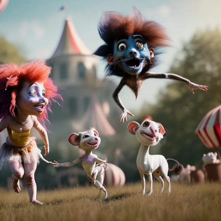 Ultra realistic circus scene. Sweet hair monster jumping and Child’s, smooth color, waist up view, Wes Anderson style, dark ambient, highly detailed, concept art, unreal engine 5, god rays, ray tracing, RTX, lumen lighting, ultra detail, volumetric lighting, 3d, finely drawn, high definition, high resolution.