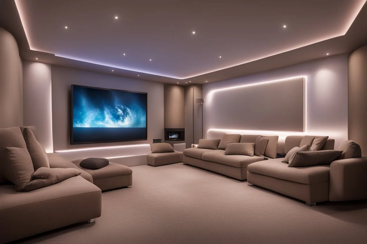 a dedicated home cinema room with LED ambient lighting in the walls