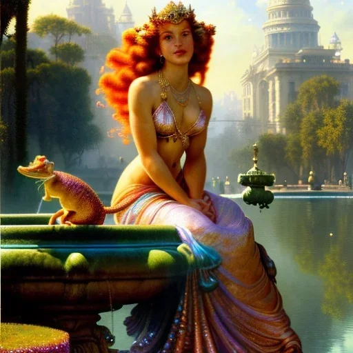 Hyperdetailed oil on canvas, young robyn lively sits by the ornate fountain, goldfish pond, lotus, detailed face, long red curly hair; by gaspar camps, maxfield parrish, alphonse mucha, cyril rolando, dan mumford; luminous colorful sparkles, glitter, airbrush, octane render, volumetric lighting, 16k