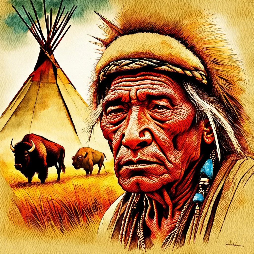 The old Cherokee man of the Great Plains, double exposure Cherokee mans face formed by a Teepee in a grass plains with Buffalo, watercolor by Jean-Baptiste Monge and Yossi Kotler, Modifiers: sharp focus extremely detailed intricate oil on canvas portrait hyperrealistic high definition crisp quality