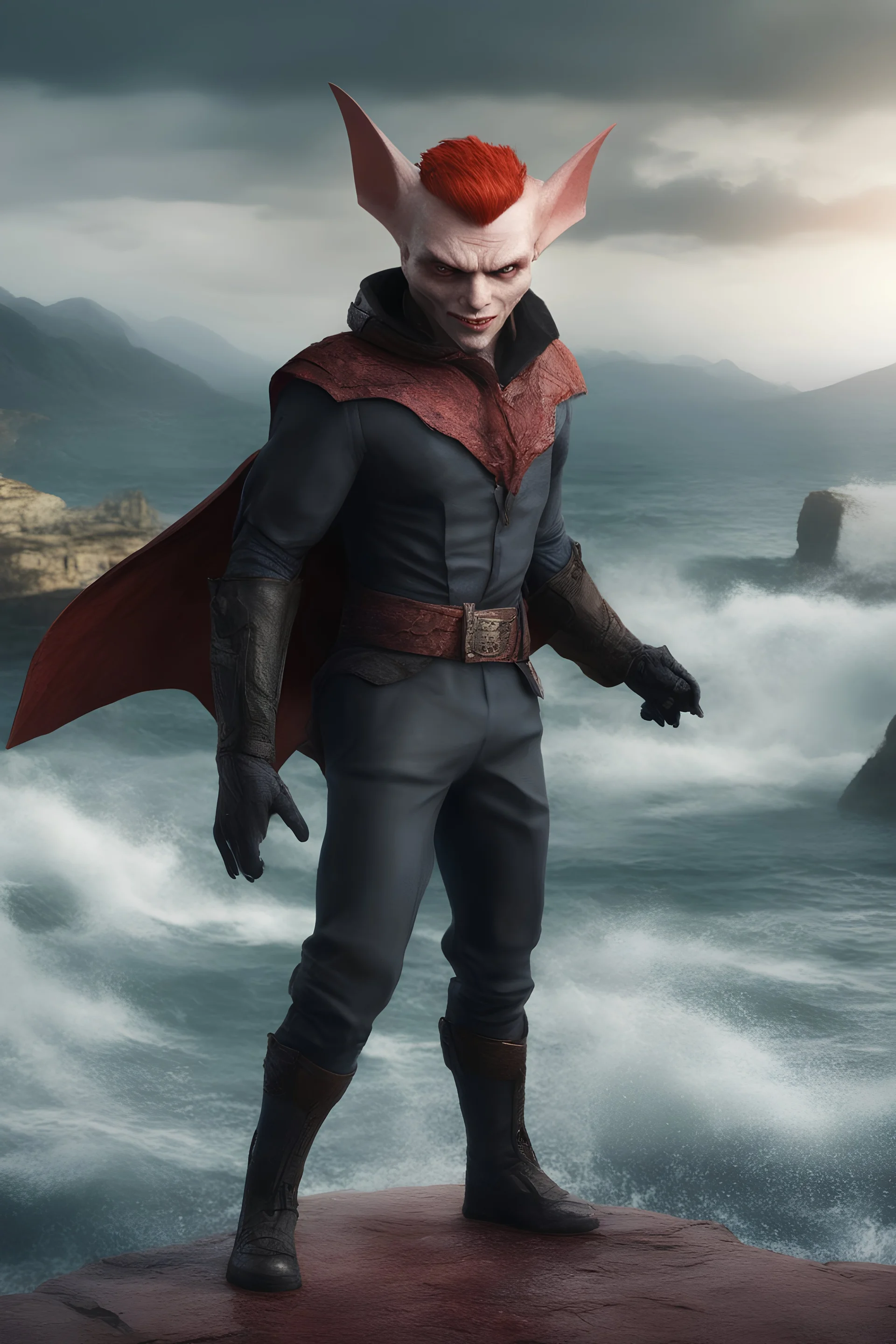 full body, head to toe, 3D, an anthropomorphic vampire bat man, with short, pixie-cut, (((red hair))) tapered on the sides - full color - 32k, UHD, 1080p, 8 x 10, glossy professional quality digital photograph - raging sea and mountains and a ship in the background, historic, powerful, exquisite detail, sharp - focus, ((skin details, high detailed skin texture))