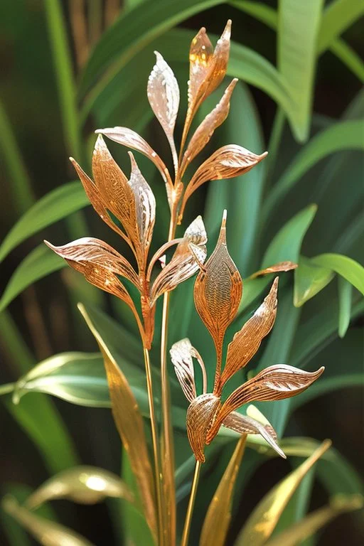 metallic garden - shiny-brass-stems, shiny-copper-leaves, shiny-chrome-open-flower-petals, shiny-metallic-cobalt-grass, glass flowers. sharp focus elegant extremely detailed intricate very attractive beautiful dynamic lighting fantastic view crisp quality exquisite detail in the sunshine gems and jewels