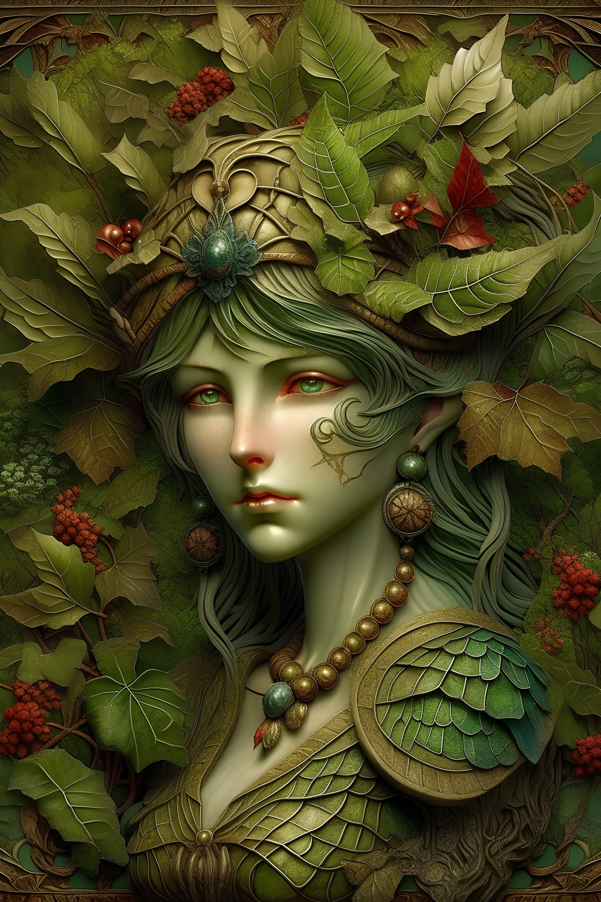 beautiful Forest fairy lady portrait, adorned with textured leaves and botanical floral palimpsest art nouveau floral ribbed and berry ribbed armour in the embossed woods background , wearing forest floral and leaves fairy art nouveau mineral stone headdress, organic bio spinal ribbed detail of full art nouveau floral backgreong extremely detailed hyperrealistic concept art