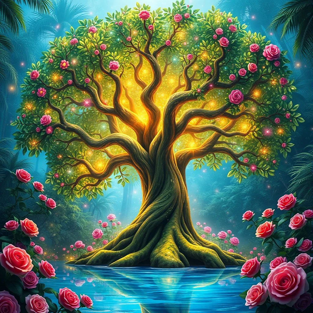 fabulous big magical beautiful tree with sparkling glowing leaves with in a tropical forest in beautiful colourful roses, around blue beautiful lake fantasy, photo