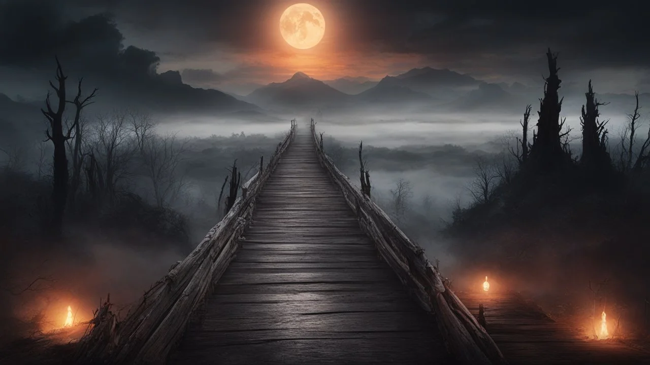 walking straight ahead over a wooden bridge, holding the angel of death with your right hand, entering the fog at the end of the road that leads to the afterlife, and a beautiful sunset and galaxy's behind the fog, realistic