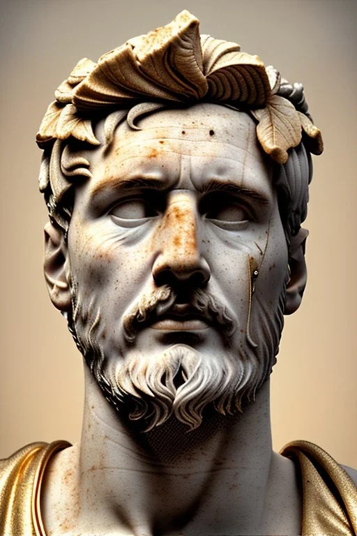 Ultra Realistic image, Roman sculpture, white marble material, Lionel Messi, gold Laurel leaves wreath, renaissance ornaments, one gold star in heart, sun ornament, sun rays background, chisel style, waist up portrait, emperor style, epic, celestial, cinematic lighting, God light, god rays, 4k resolution, smooth details, ornate details, soft lighting, unreal engine 5, art station, substance 3d.