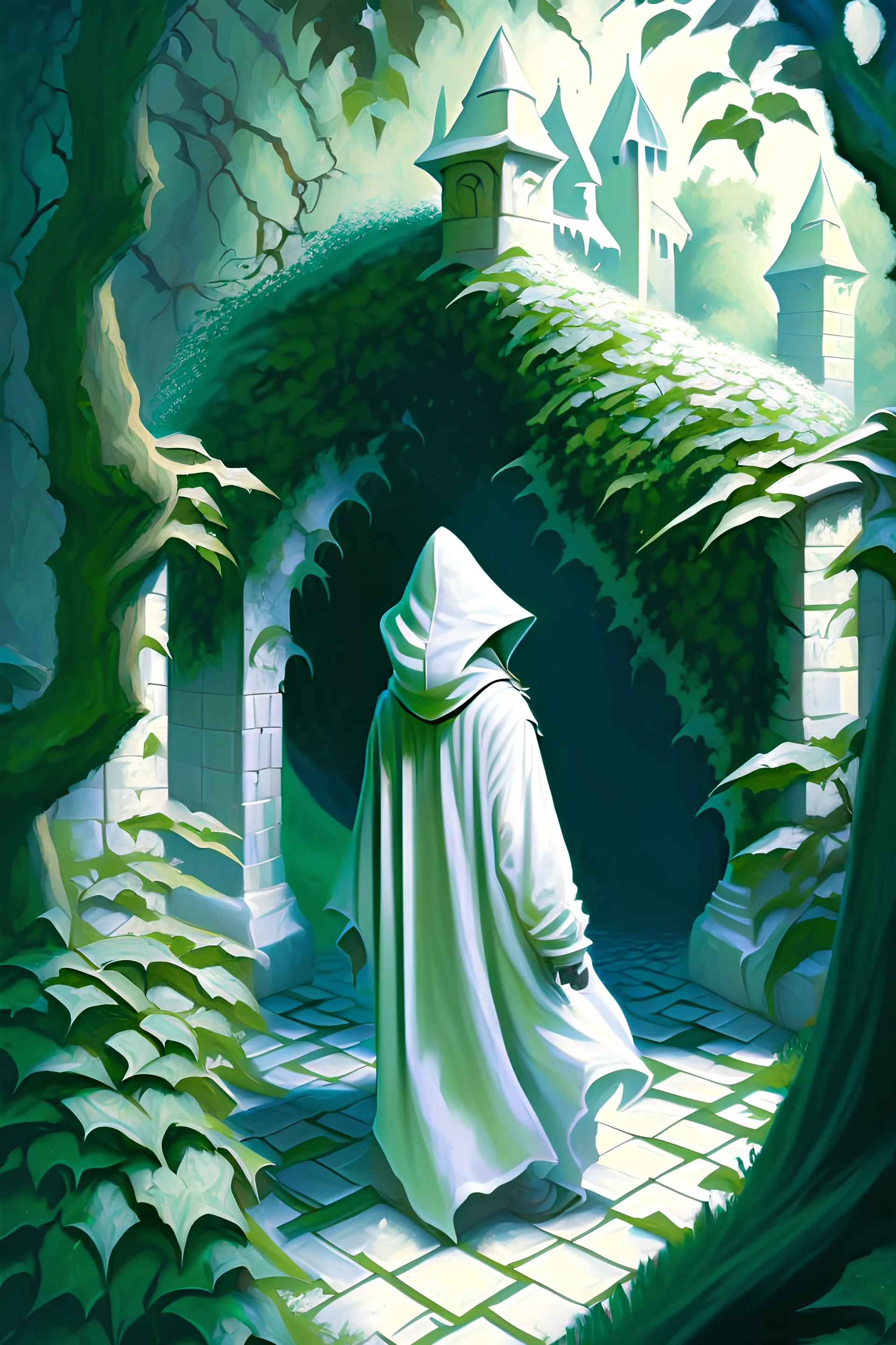 Castle hedge maze with hooded figure in white robes rpg art painterly