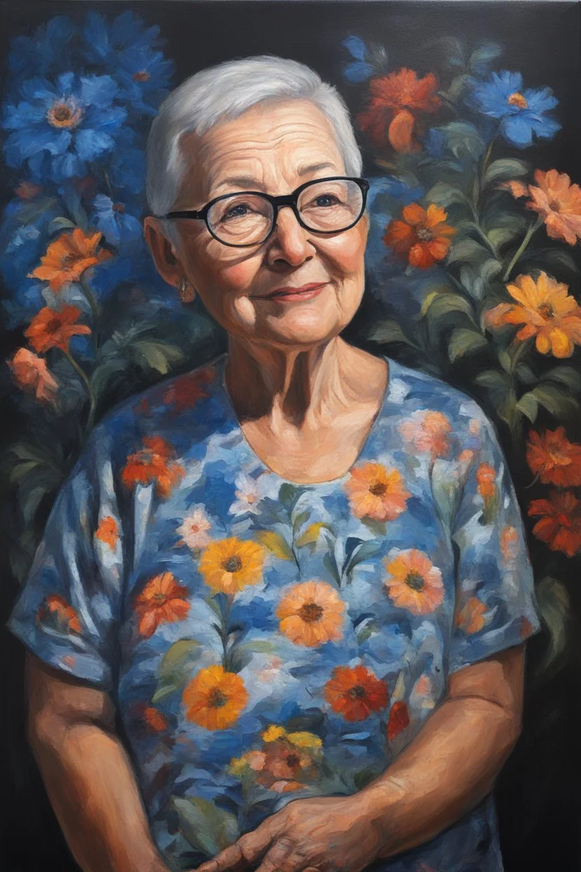 Oil paint on canvas, chiaroscuro, deep shadows, masterpiece, happy, 2020 caught off guard, 69-year-old Phyllis Kendall, short buzz-cut straight, dark salt and pepper hair, overweight, blue eyes, great big, round lensed eyeglasses, wearing a black, floral print, short-sleeved, pull-over shirt, dark blue sweatpants, sitting at the computer checking her emails