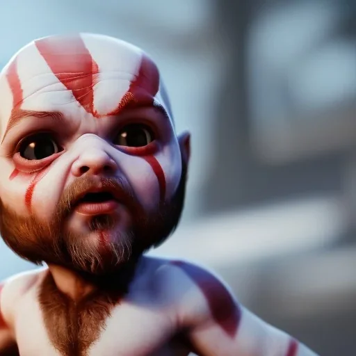 Cute baby video game god of war krotos, axe, mytology, 8k resulation unreal engine 5