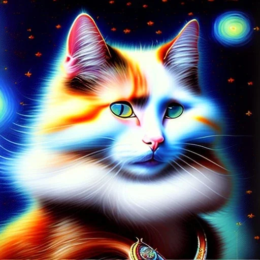 Dibujo al oleo de un gato con nubes de colores estilo Vincent van Gogh