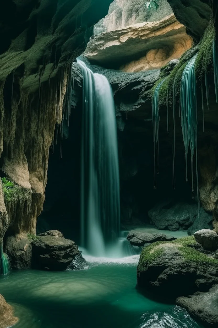 A cave with covered with waterfalls