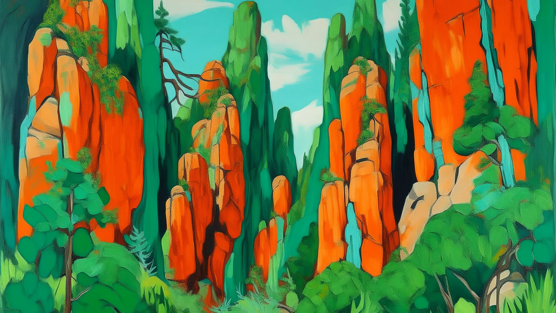 Post-impressionist painting of large, orange, vertical rock formations with emerald green foliage under a pale blue sky.
