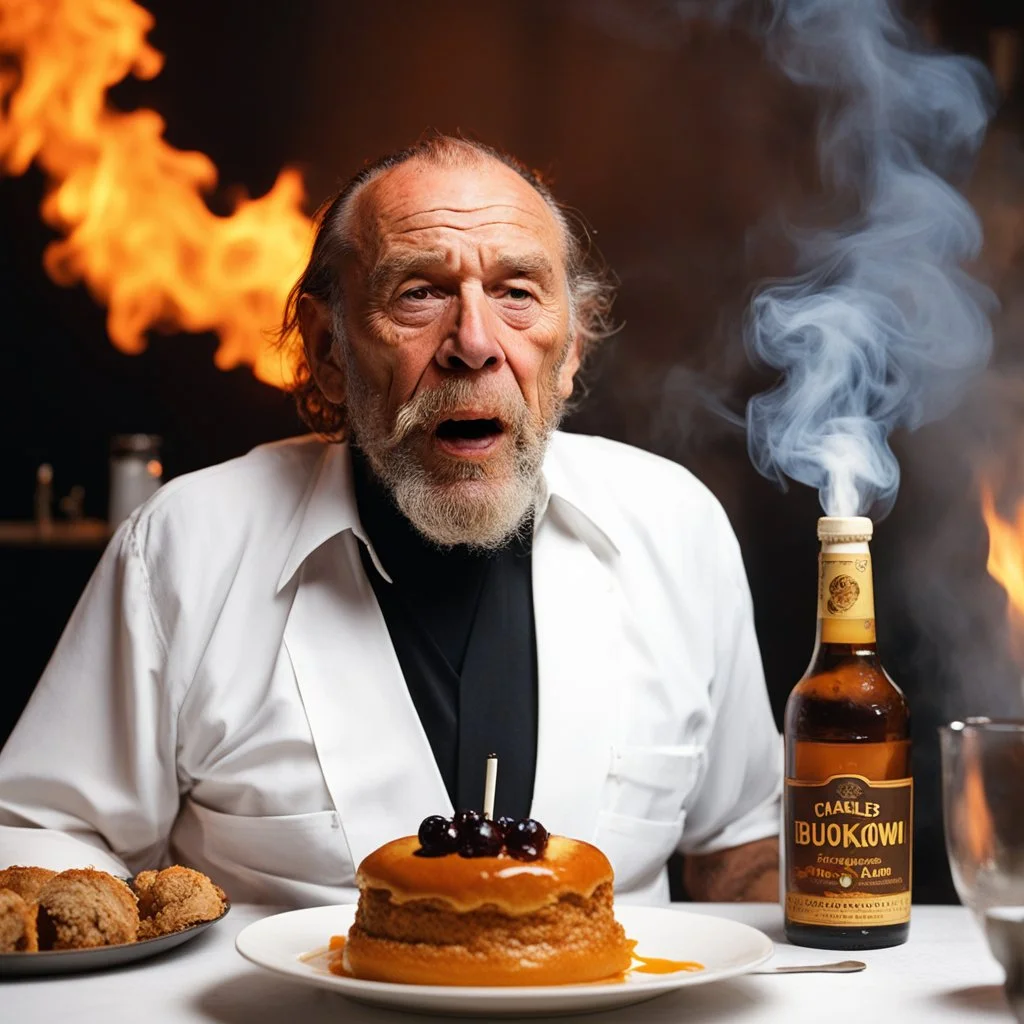 Charles Bukowski participate au meilleur pâtissier 2020, his cigarette in the mouth and a bottle of rhum for his dessert un épais flaming baba au rhum in fire