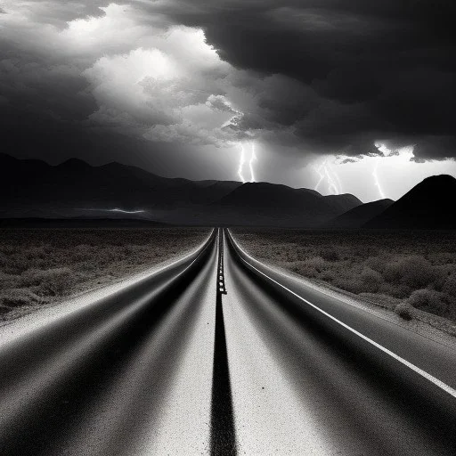 desert, storming, lightning, rain, mountains, black and white, dirt road, landscape