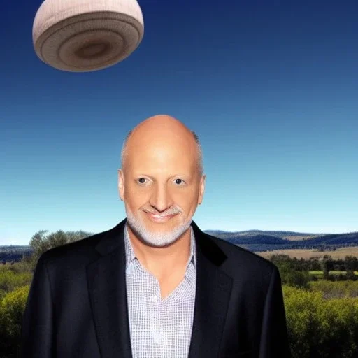 Jim Cramer looking sheepish, thumbs up, UFO in background