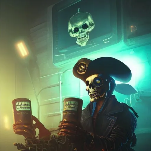 a cyberpunk hacker pirate captain skeleton with a pirate hat sitting in front of a huge old crt monitor holding a beer in a dark room , only light coming from crt monitor, highly detailed, intricate, digital art, trending on artstation, trending on cgsociety, by greg rutkowski