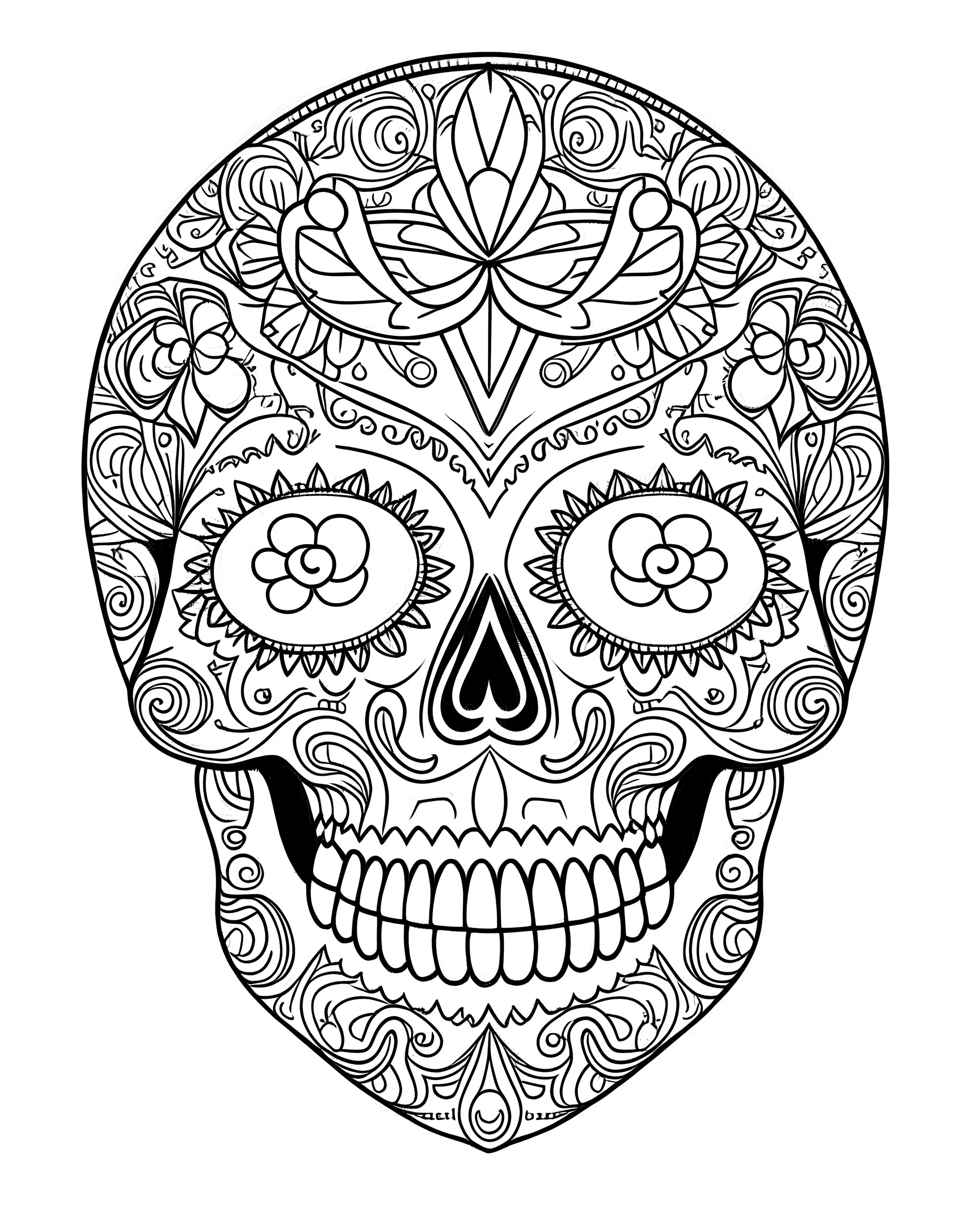 Kandy skull, "Intricate Calavera Designs", full view, realistic face, coloring page, only draw lines, coloring book, clean line art, –no sketch, color, –ar 3:4, white background, minimalistic black lines, minimal black color, low level black colors, coloring page, avoid thick black colors, thin black line art, avoid colors, perfect shape, perfect clear lines,