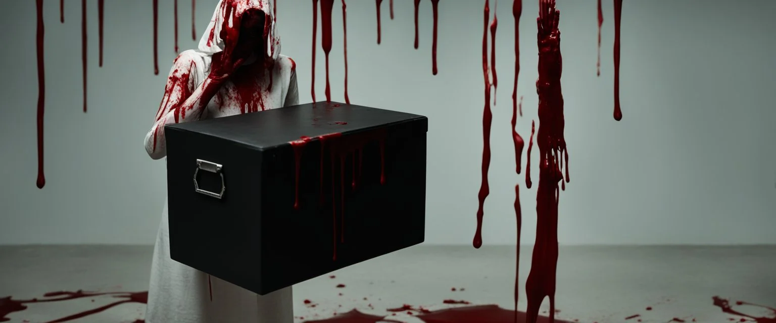 a faceless woman covered in blood holding up an empty black box