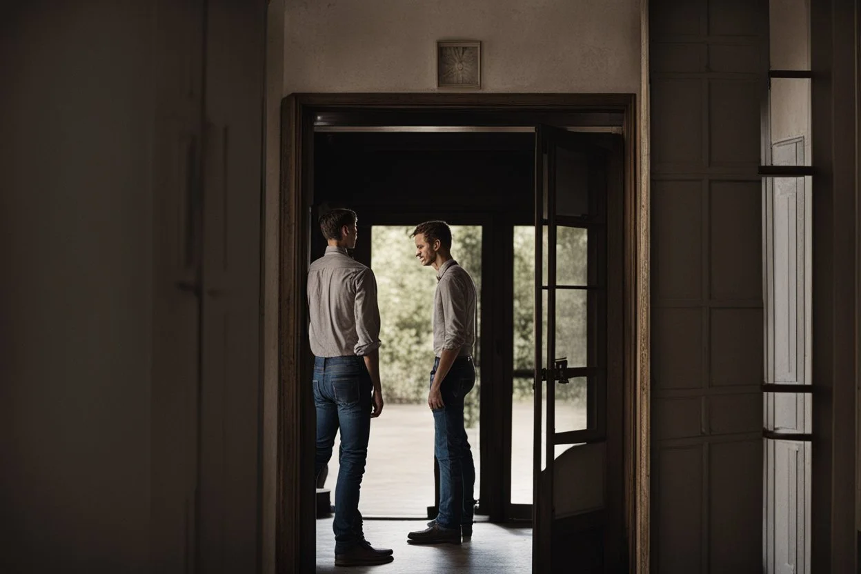 man in jeans and a shirt, back to the camera, standing in a row of doors, looking out through a doorway