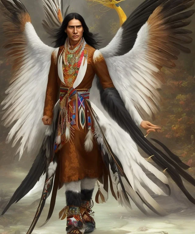 chaman, male native american, mature, long black hair, black coat like wings