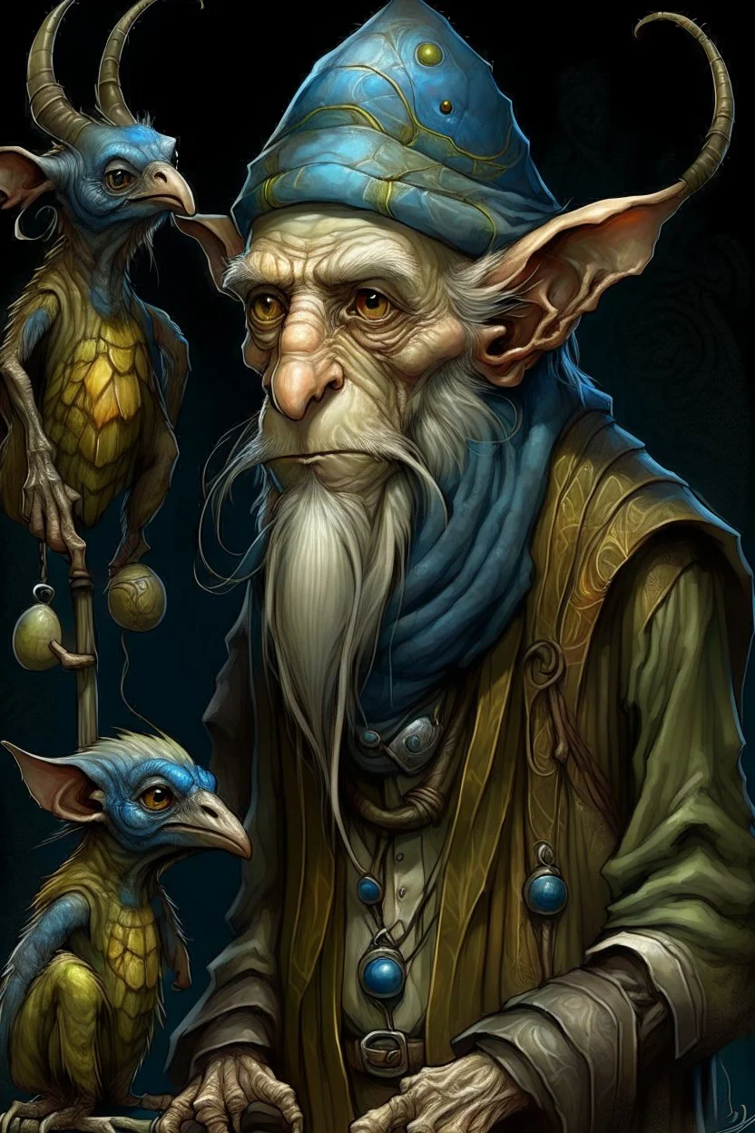 Artist Jean-Baptiste Monge style. A old biomorph male humanoid with Ant face. Bright eyes. A green and blue striped outfit. Modifiers: Tim Burton Craig Rutkowski Modifiers:neon glowing Iridescent black ink