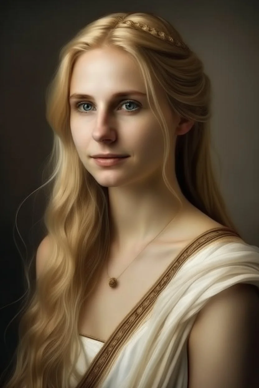 portrait of a woman who looks like an elegant, greek goddess; she is beautiful and has long blond hair, friendly, kind and gracious