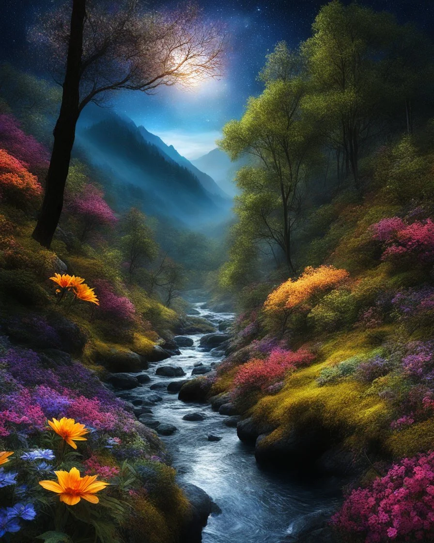 a man adventure walk in dark night forest,trees,river, day, sun day, an idyliic forest with colorful flowers, mountains, sun,flower, a small river, paradise,night atmosphere in the moonlit night, digital photography art fantasy glowing colors, deep color, fantastucal, intricate details