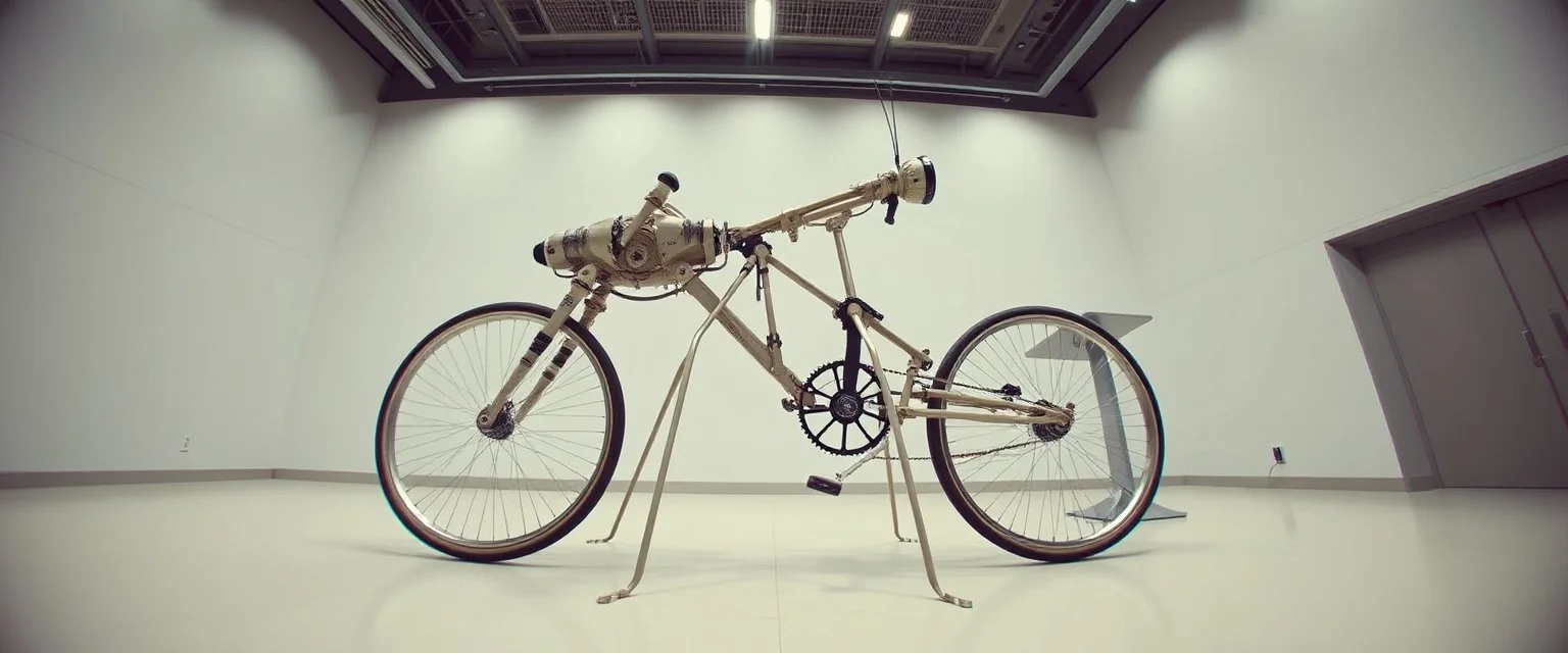 pinhole cam, weird geometry sacred, airbrush 3d rendering, integrated_multimodal_description: [Shot 1] A five-second cinematic single take in a clean industrial presentation hall. A bizarre mechanically plausible bicycle machine stands beside a presentation podium, designed to look like a giant mechanical praying mantis. Two large bicycle wheels form its main body and four thin articulated mechanical legs support it. Two long folded mechanical front arms resemble mantis forelegs.