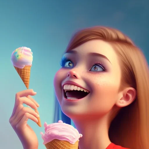 cute, adorable, smiling girl eating ice cream, candies flying all around her, Pixar, disney, cinema lighting, gaming, 8k, magic, love --q 1 --v 4