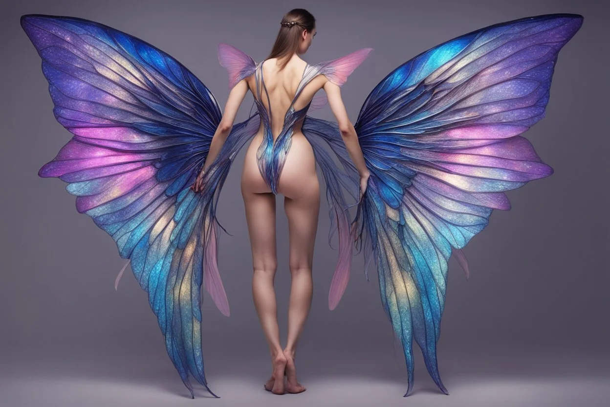 a sleek and sophisticated (((modern intricate iridescent fairy wing))), featuring highly detailed and accurate full body back views that incorporate human anatomy elements like ribcage, spine, shoulder blades, and hip bones. Colors blending blue, dark blue, purple, gold, and silver give off a softly glowing pink hue at the wing tips, highlighting the fantastical interplay of light and shadow