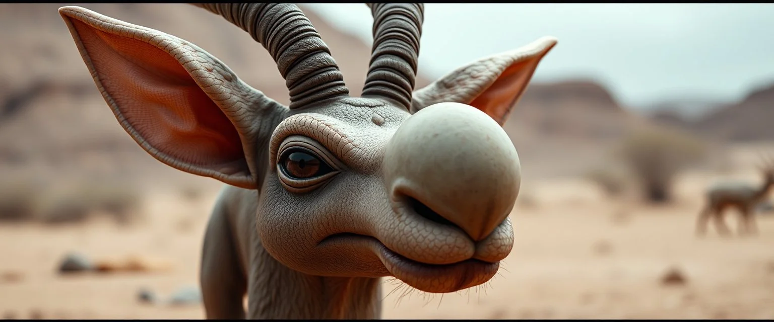 Gremlin orc bunny Saiga Antelope Huge inflatable-looking nose. Alien desert creature energy.