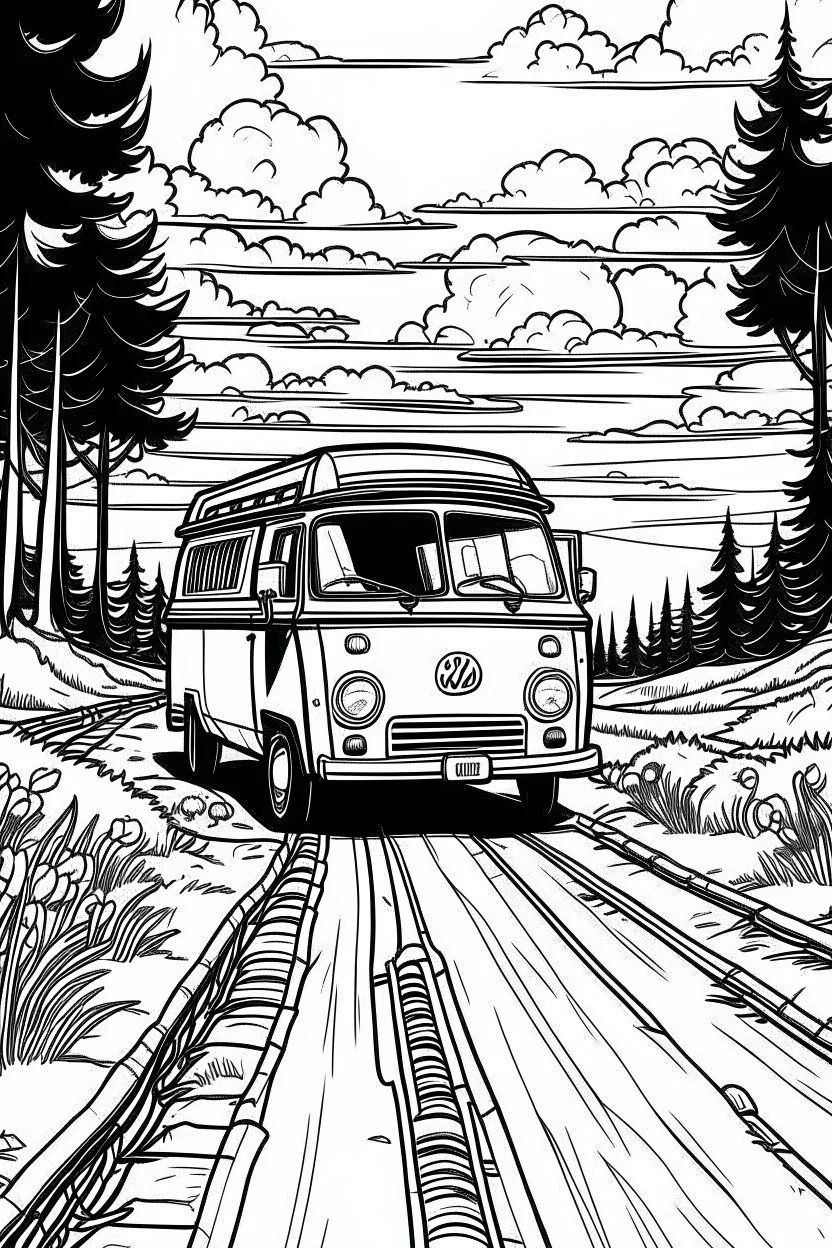 Outline art, no shading, van on the road, cartoon style, black and white, low detail, --ar 9:11