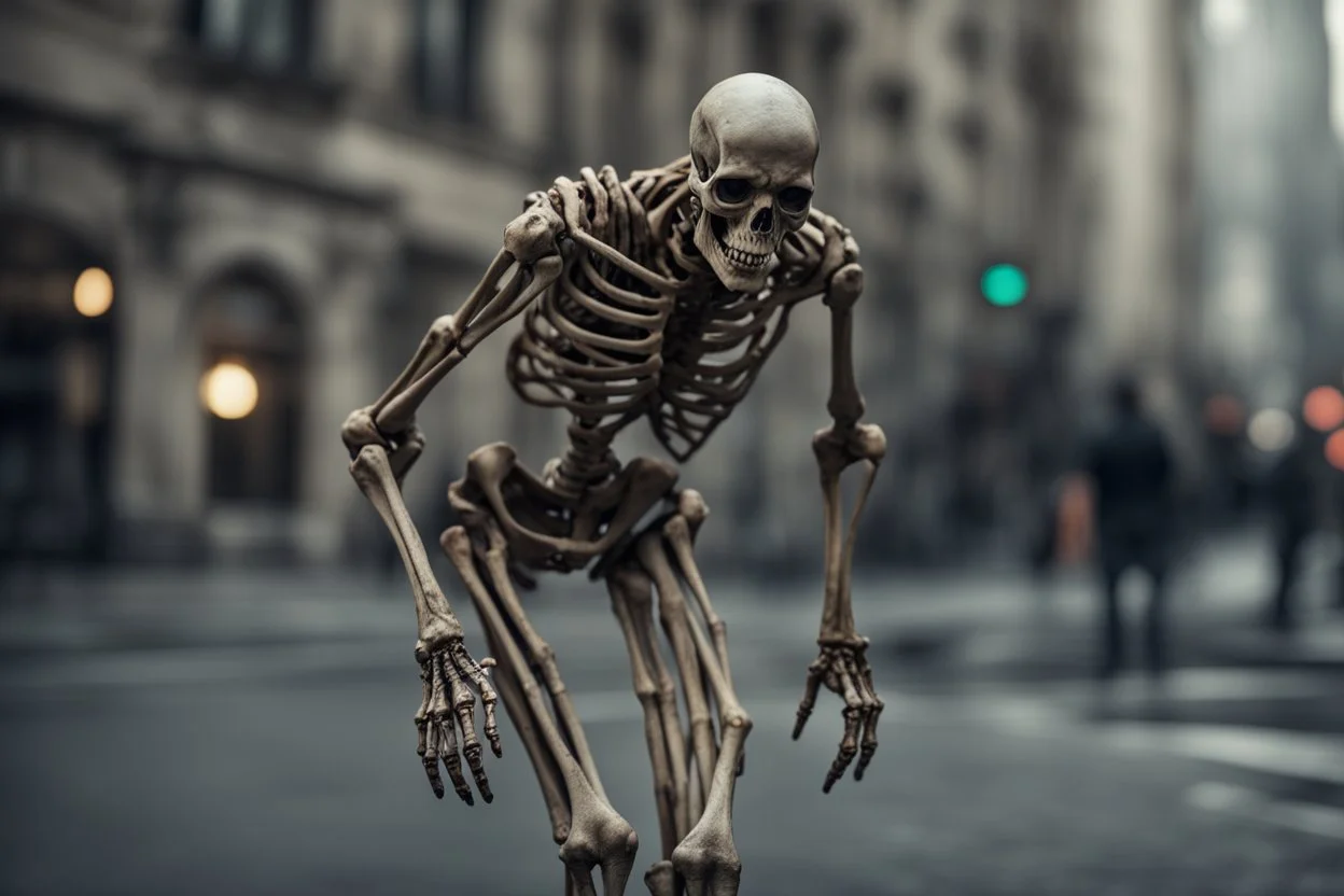 Extreme grandiose and cinematic photo in realistic colors ((skeleton)) dynamic pose and expression, in the city ally of slime tales, high lighting, intricate, 8k, macro photography,