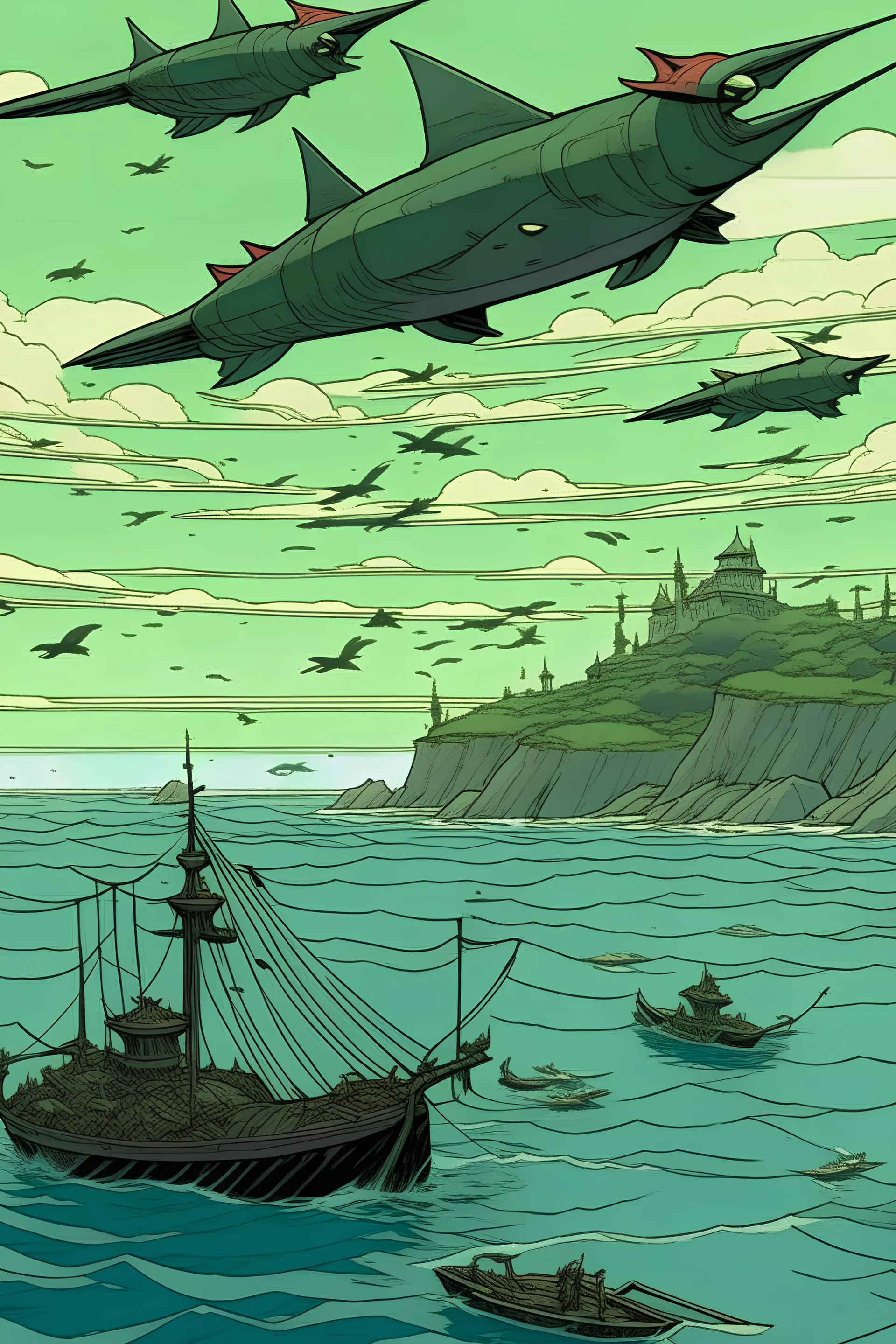 Ballister from "Nimona" flying over the sea