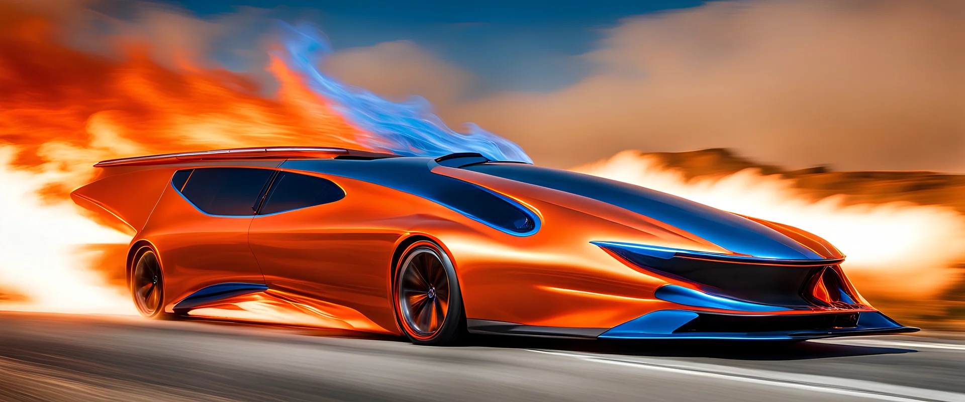 award winning car and driver photograph of a futuristic station wagon designed by only one vehicle per image painted metallic orange traveling at a high rate of speed, jet intake off of front center of vehicle and jet exhaust out the rear with bright blue flame, bilaterally symetrical, more a high speed road vehicle