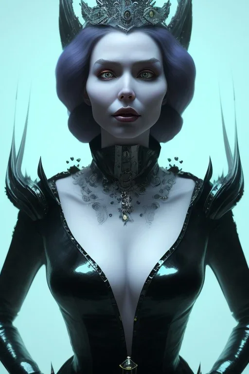 Lene Nystrøm as evil queen in black leather, busty, cleavage, voluptuous, Aqua Lene, angry, stern look. character design by cory loftis, fenghua zhong, ryohei hase, ismail inceoglu and ruan jia. unreal engine 5, artistic lighting, highly detailed, photorealistic, fantasy