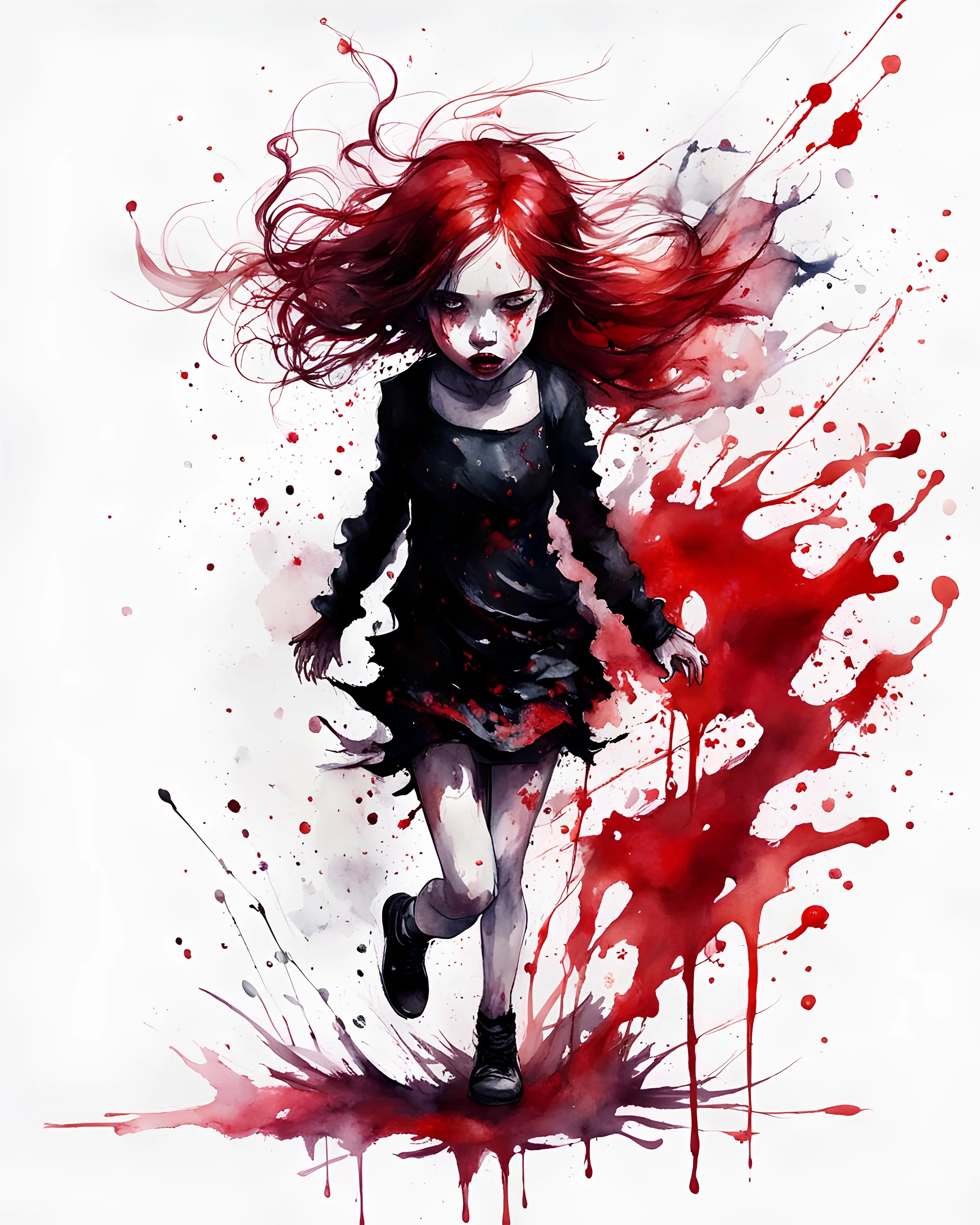 Petit girl goth, run pose, fullbody, splashes blood, behind guts rising from the ground, watercolor illustration by <agnes cecile>, darkred tones,