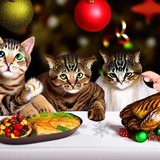 Cats and children eating Christmas dinner with alien lion and floating ball, and exquisitely decorated turkey and HR giger alien