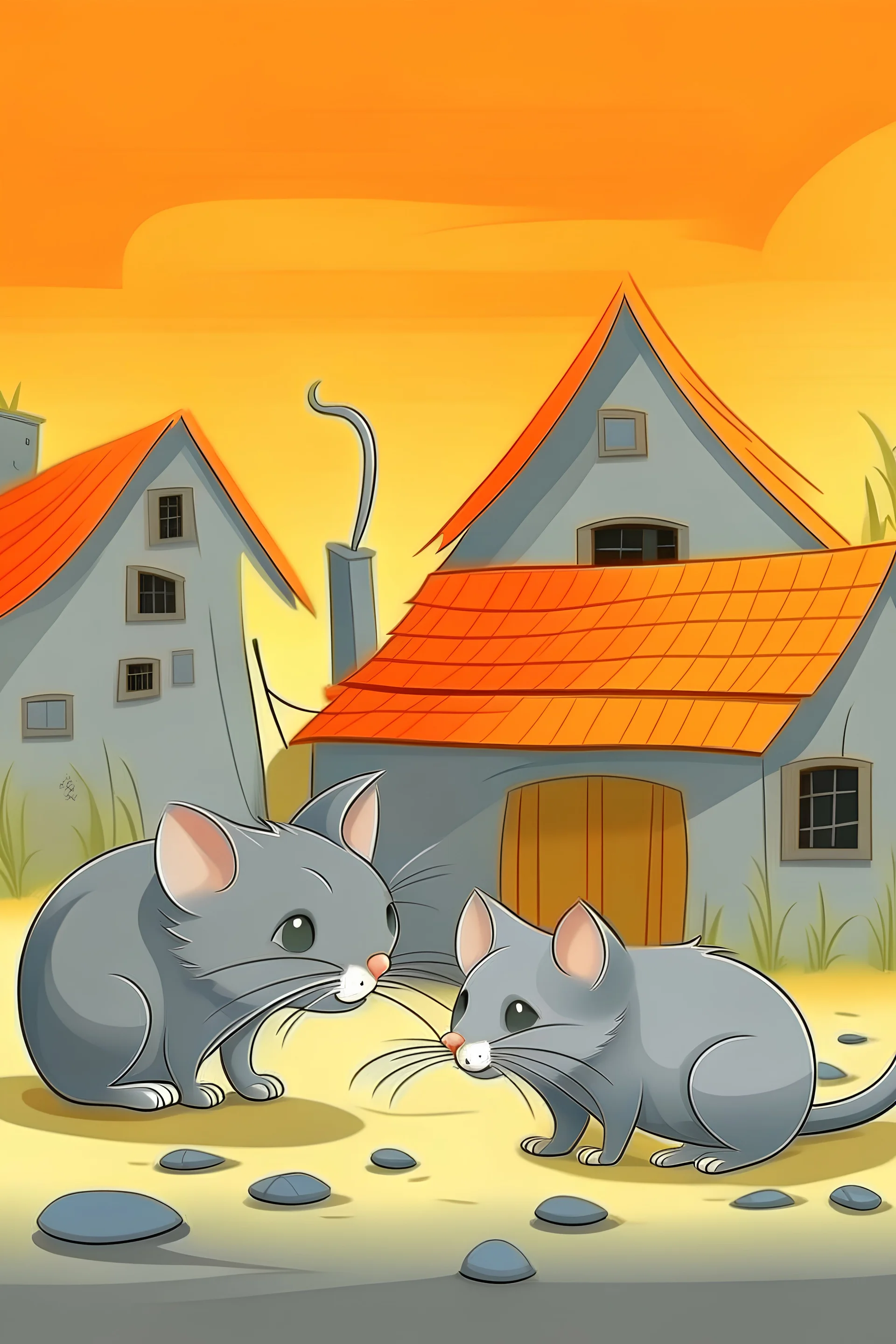 make grey mouse and cat color orange both in the middle of village