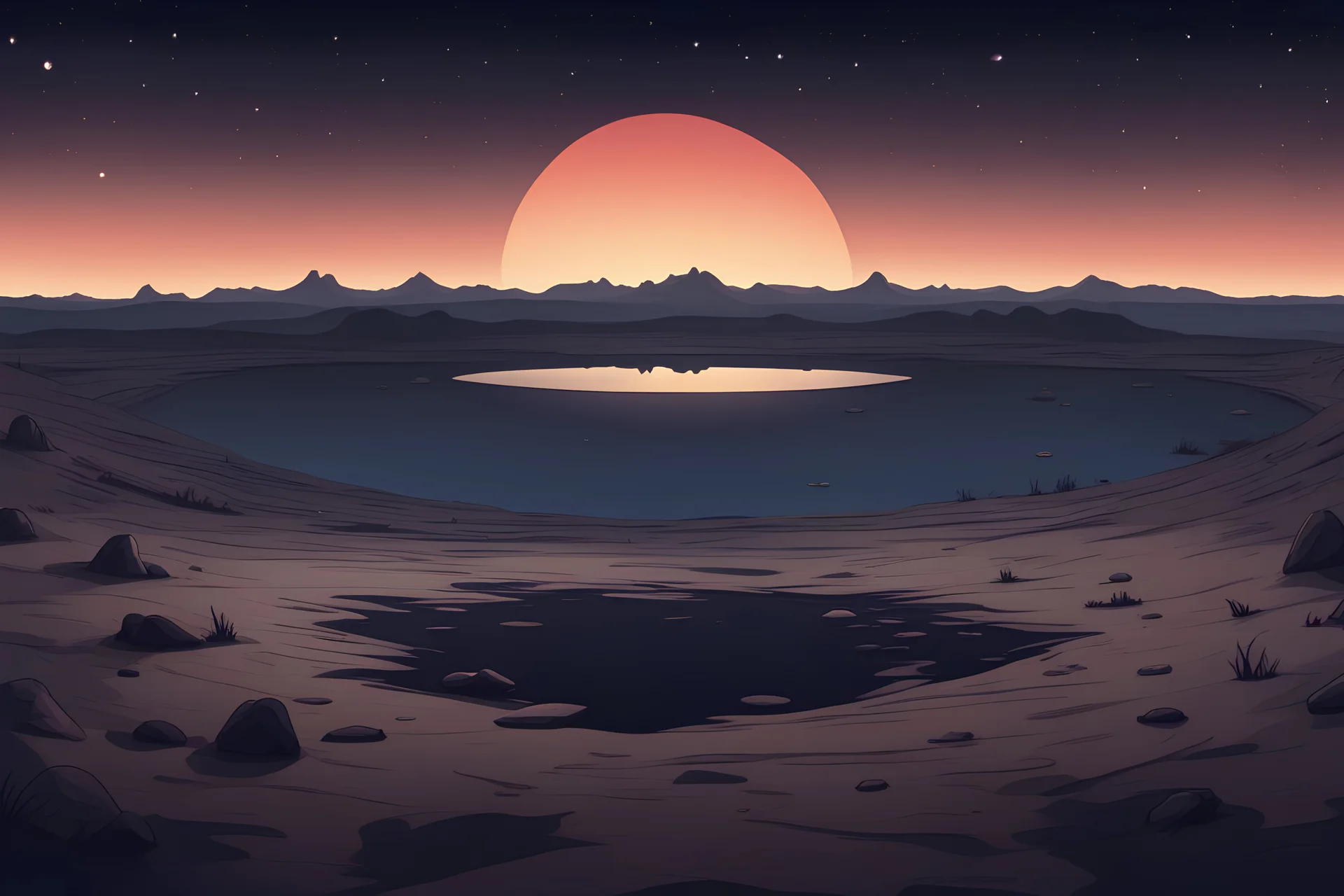 a calm cartoon of the planet ground during nightfall. empty sky