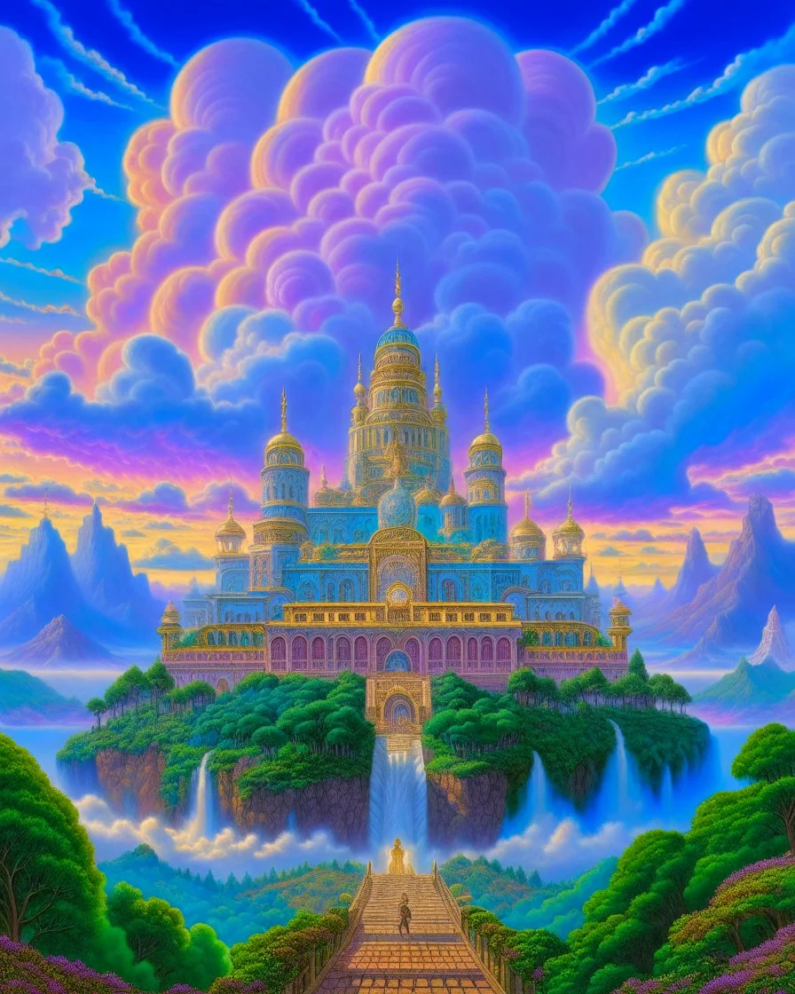 a photorealistic detailed cinematic image of a beautiful vibrant iridescent future for human evolution, spiritual science, divinity, utopian, cumulus clouds, ornate architecture, isometric, by david a. hardy, kinkade, lisa frank, wpa, public works mural, socialist