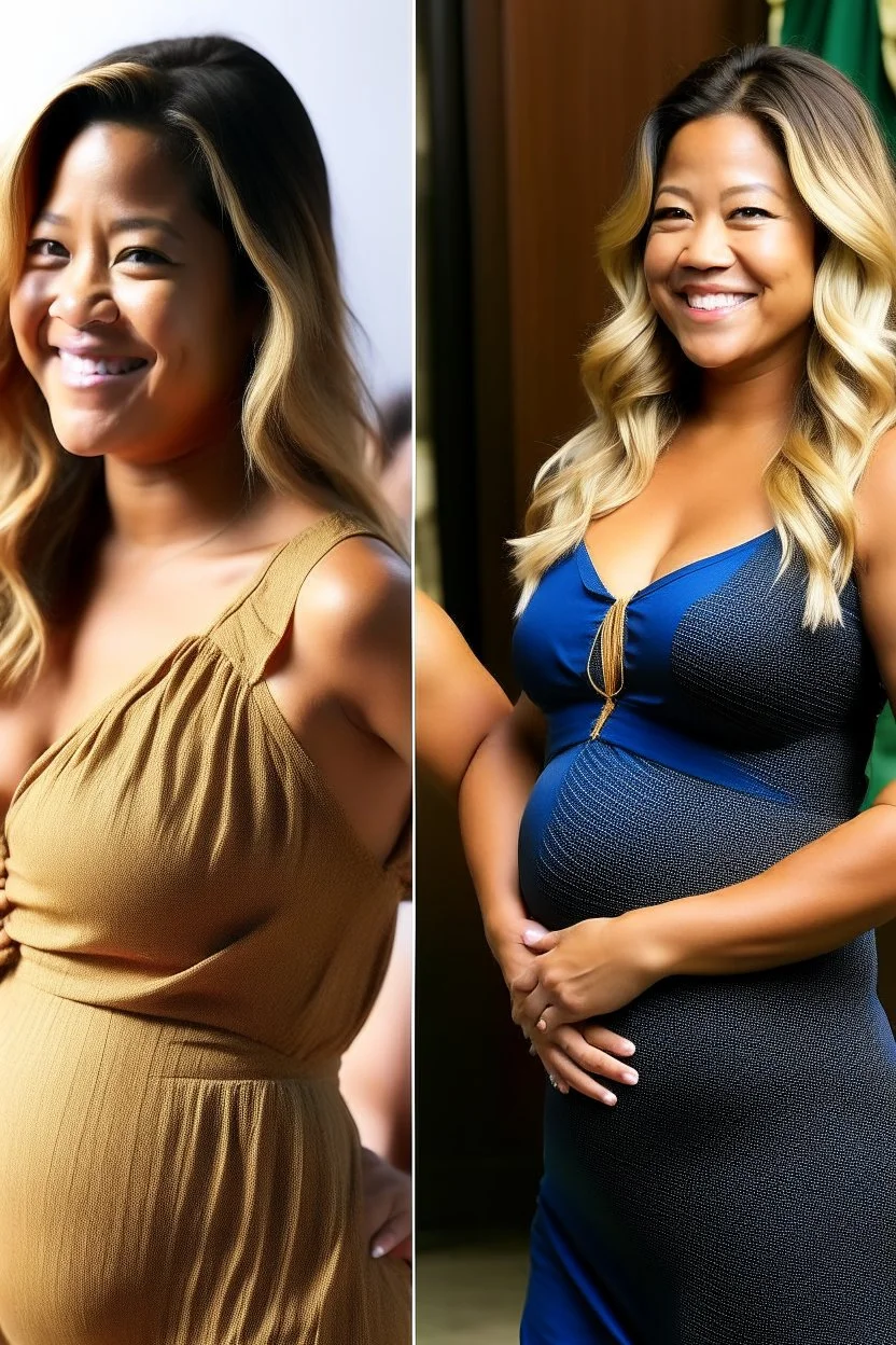 Gina Rodriguez at 75% transformation showcases a radiant presence with a three-month baby bump. Her physique combines idealized curves with the grace of impending motherhood.Body: Idealized Curves, Radiant Presence, Three-Month Baby Bump Facial Features: Refined, Magical Charm Hair: Blonde Waves Complexion: Maternal Radiance Measurements: Enchanting Transformation Outfit: Adapted Maternity Wear