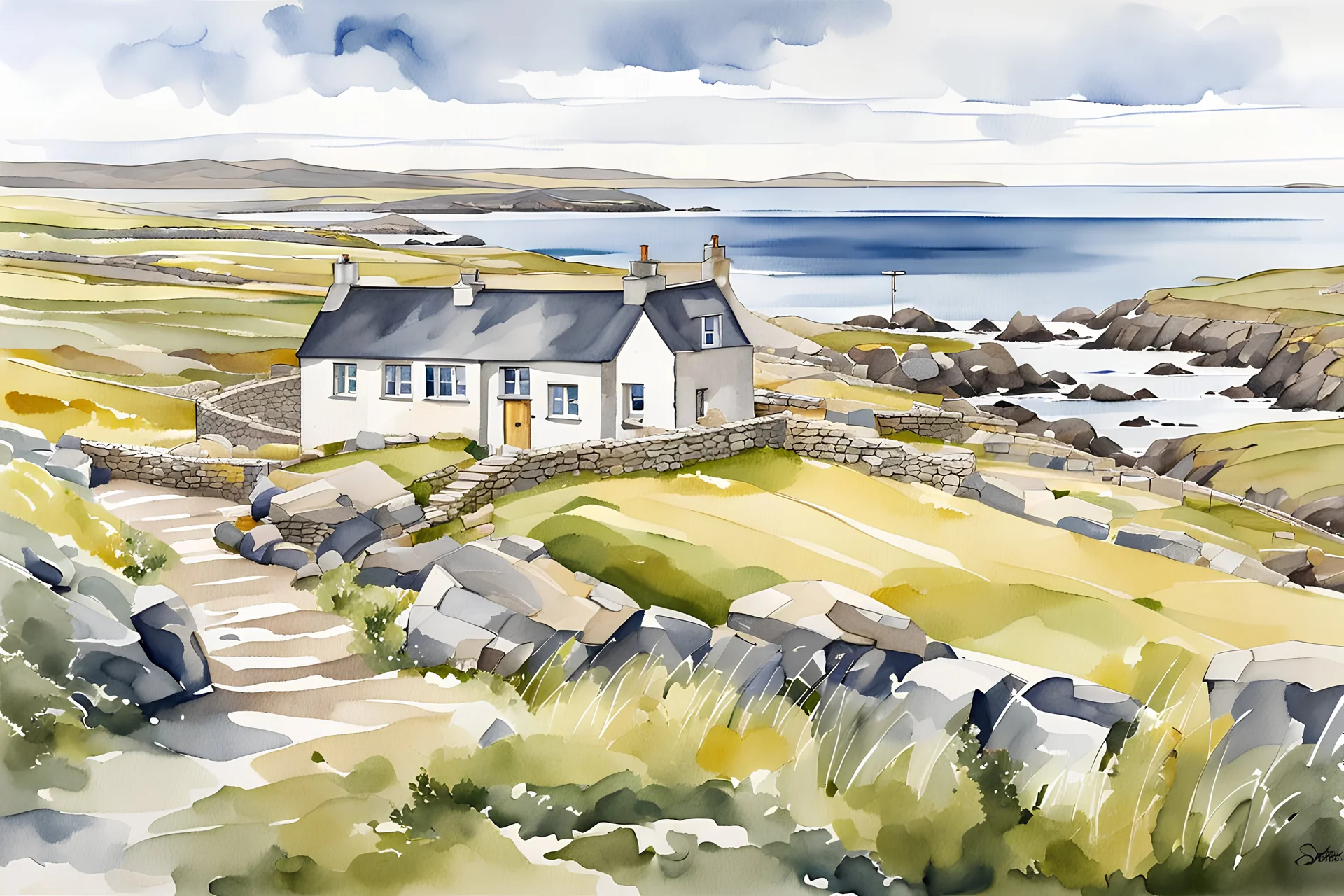 A traditional stone house on the outskirts of Sandness on Shetland, high on a cliff, beautiful views on the countryside and the ocean, watercolor, professional award winning masterpiece