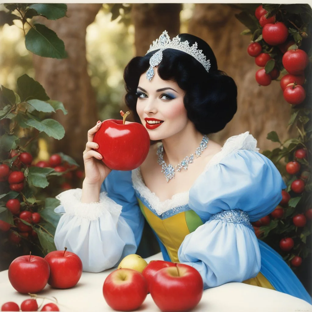 [high res colourful photo by Raphael Albert, (unidentified) ] snowhite eats the flashy red apple 1970s/80s