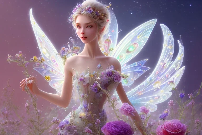 one very little beautiful fairy on a big crystal subtle flower in a galactic ambiance, transparent petals, delicate colors, in the foreground, full of details, smooth, bright sunshine，soft light atmosphere, light effect，vaporwave colorful, concept art, smooth, extremely sharp detail, finely tuned detail, ultra high definition, 8 k, unreal engine 5, ultra sharp focus