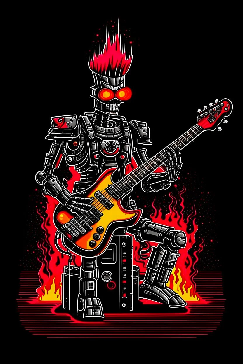 A robot terminator with a red punk crest playing bass, black background, flames all around him.